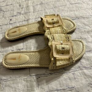 SAM EDELMAN NEW YORK TAN STRAW LIKE BUCKLE STRAP WOMEN’S SLIDE SANDALS SIZE 9M